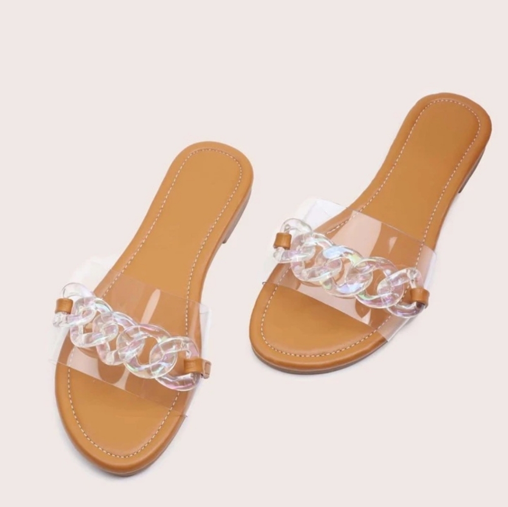 NEW! Clear Wide-Band Chain Decor Women's Slide Sandal